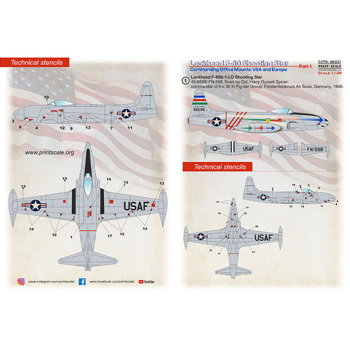 Print Scale 48-231 Decal Lockheed F-80 Shooting Star, Part 1 Scale 1:48 for Aircraft Plastic model kit