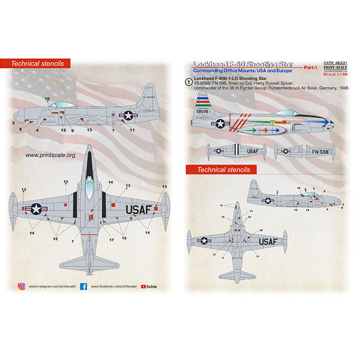 Print Scale 48-231 Decal Lockheed F-80 Shooting Star, Part 1 Scale 1:48 for Aircraft Plastic model kit