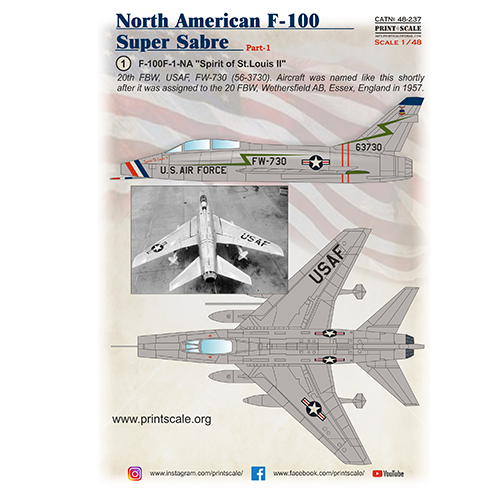 Print Scale 48-237 Decal North American F-100 Super Sabre Part 1 Scale 1:48 for Aircraft Plastic model kit