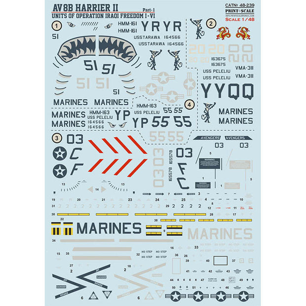 Print Scale 48-239 Decal AV-8B Harrier, Operations Iraq Freedom, Part 1  Scale 1:48 for Aircraft Plastic model kit