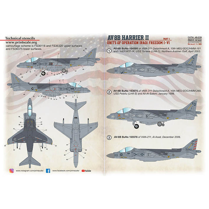 Print Scale 48-239 Decal AV-8B Harrier, Operations Iraq Freedom, Part 1  Scale 1:48 for Aircraft Plastic model kit