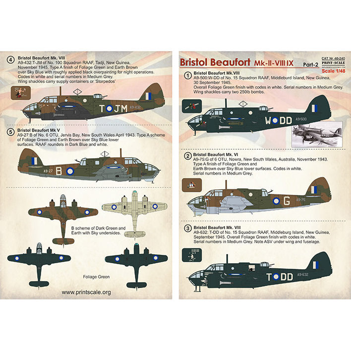 Print Scale 48-240 Decal Bristol Beaufort RAAF Part-2 Scale 1:48 for Aircraft Plastic model kit
