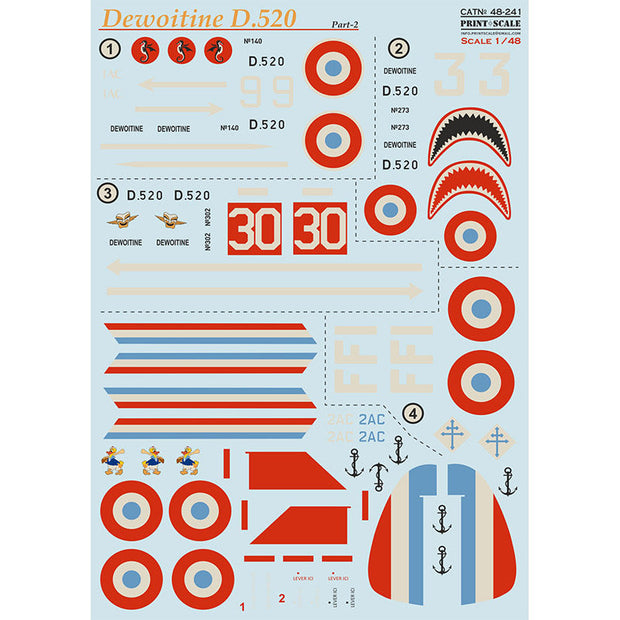 Print Scale 48-241 Decal D-520 Dewoitine Part 2  Scale 1:48 for Aircraft Plastic model kit