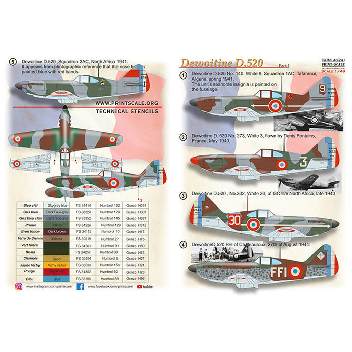 Print Scale 48-241 Decal D-520 Dewoitine Part 2  Scale 1:48 for Aircraft Plastic model kit