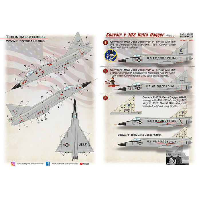 Print Scale 48-242 Decal Convair F-102 Delta Dagger Part 1 Scale 1:48 for Aircraft Plastic model kit