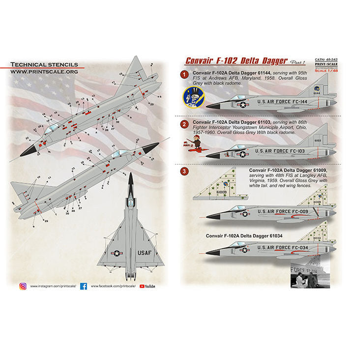 Print Scale 48-242 Decal Convair F-102 Delta Dagger Part 1 Scale 1:48 for Aircraft Plastic model kit