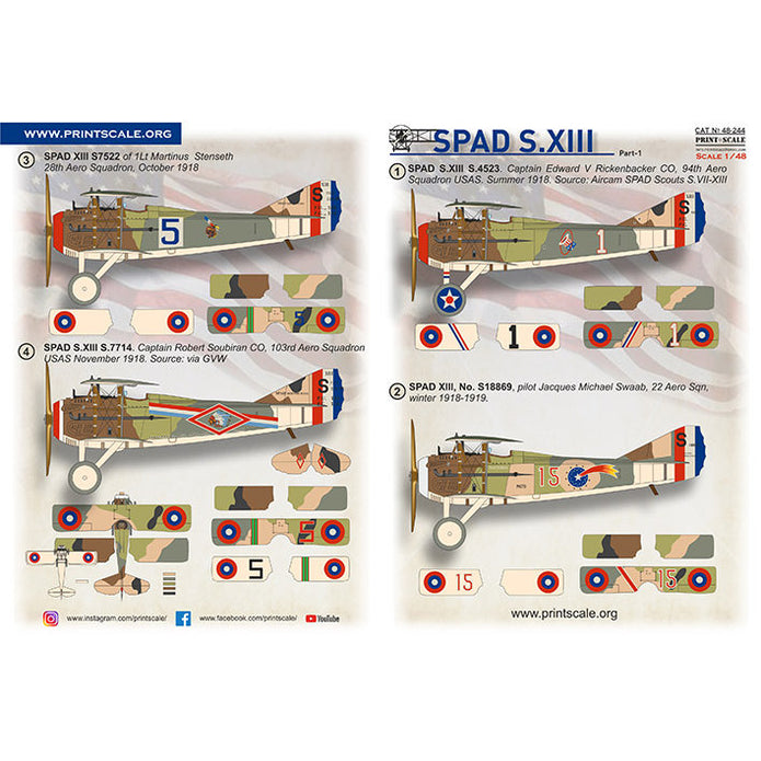Print Scale 48-244 Decal SPAD Xlll Part 1  Scale 1:48 for Aircraft Plastic model kit
