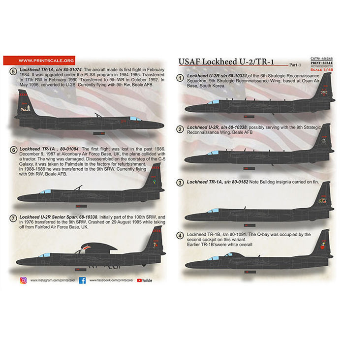 Print Scale 48-246 Decal USAF Lockheed U2/TR-1 Part 1 Scale 1:48 for Aircraft Plastic model kit