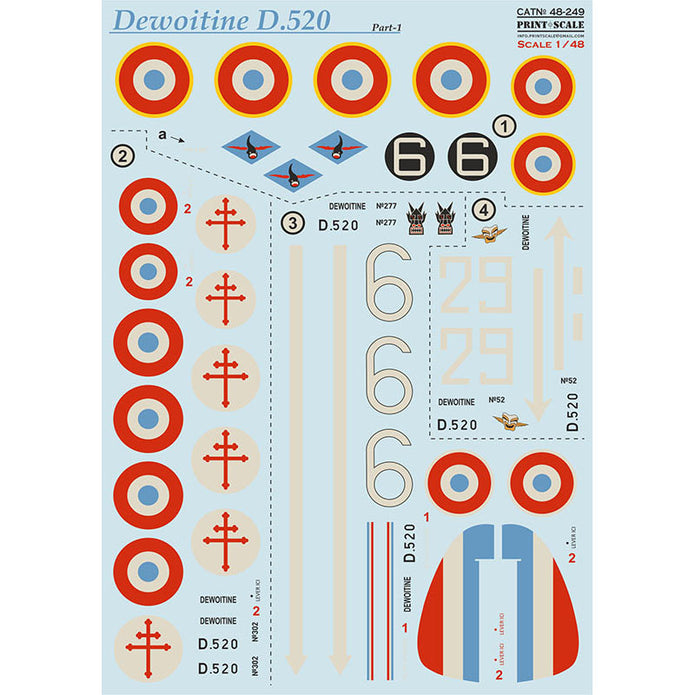 Print Scale 48-249 Decal Dewoitine D.520 Part 1 Scale 1:48 for Aircraft Plastic model kit
