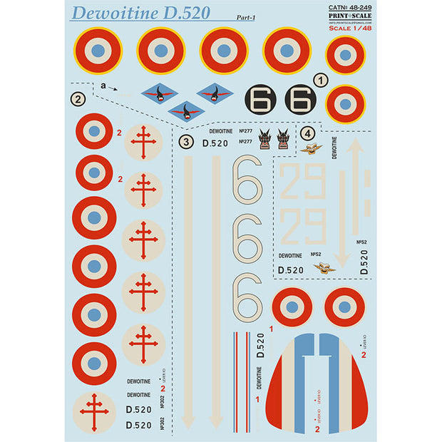Print Scale 48-249 Decal Dewoitine D.520 Part 1 Scale 1:48 for Aircraft Plastic model kit