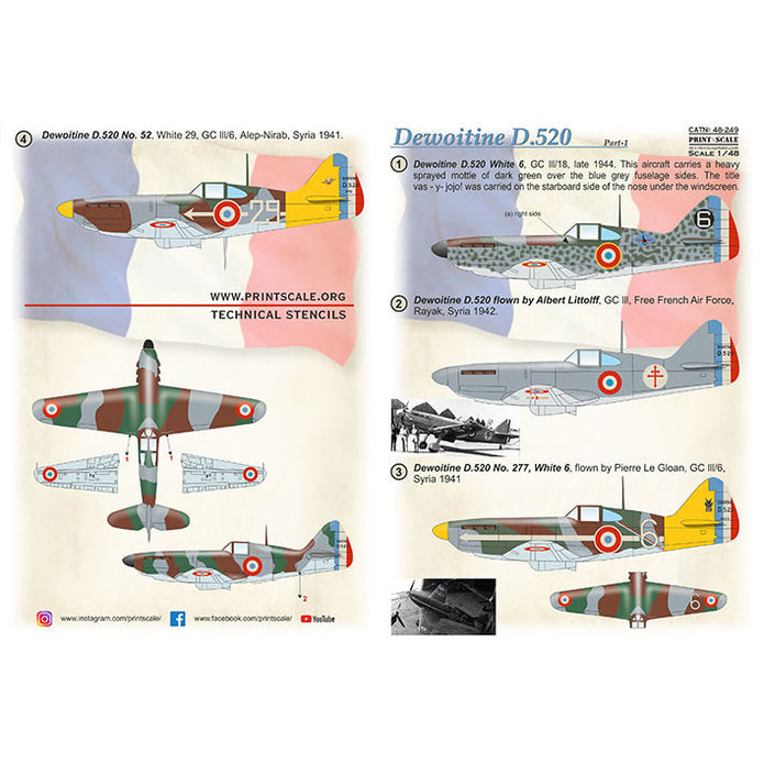 Print Scale 48-249 Decal Dewoitine D.520 Part 1 Scale 1:48 for Aircraft Plastic model kit