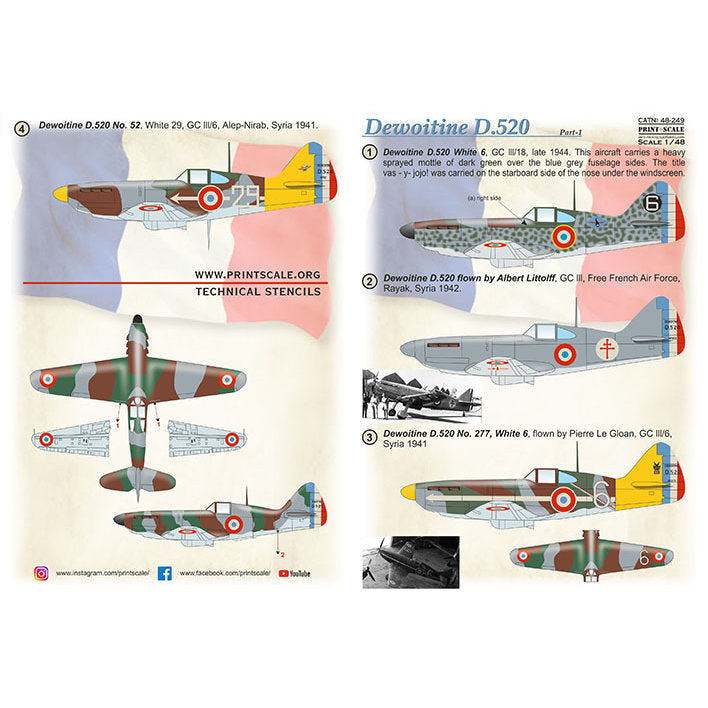 Print Scale 48-249 Decal Dewoitine D.520 Part 1 Scale 1:48 for Aircraft Plastic model kit
