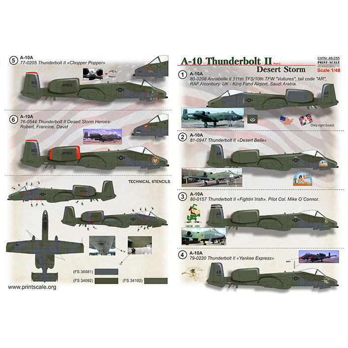Print Scale 48-255 Decal A-10 Thunderbolt. Desert Storm. Part 2 Scale 1:48 for Aircraft Plastic model kit