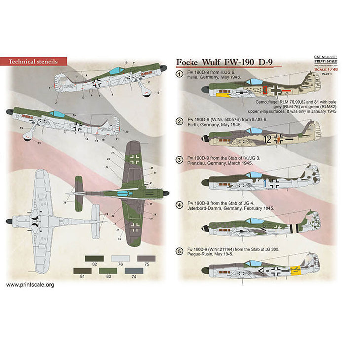 Print Scale 48-257 Decal Focke-Wulf Fw.190 D-9 Part 1 Scale 1:48 for Aircraft Plastic model kit