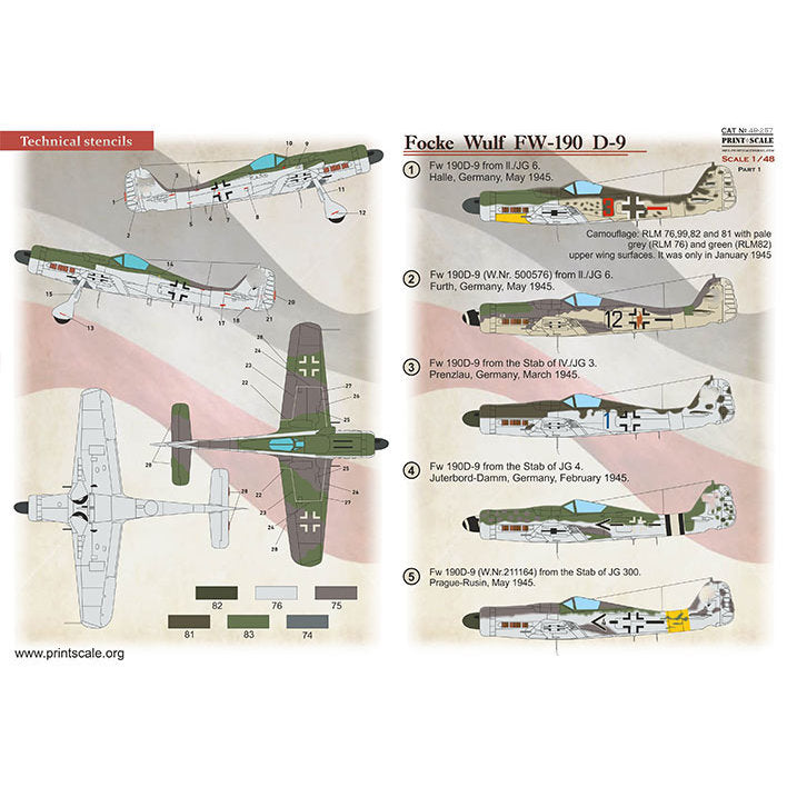 Print Scale 48-257 Decal Focke-Wulf Fw.190 D-9 Part 1 Scale 1:48 for Aircraft Plastic model kit