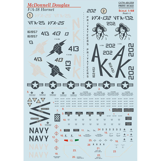 Print Scale 48-259 Decal Mc Donnel Douglas Hornet F/A-18 Part 1 Scale 1:48 for Aircraft Plastic model kit