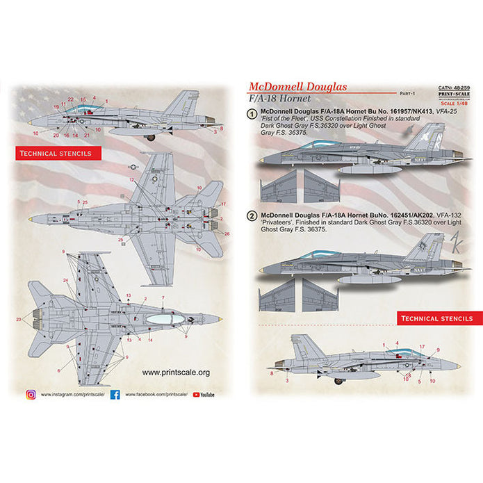 Print Scale 48-259 Decal Mc Donnel Douglas Hornet F/A-18 Part 1 Scale 1:48 for Aircraft Plastic model kit