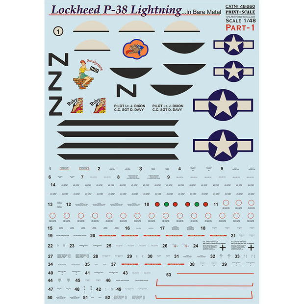 Print Scale 48-260 Decal P-38 Lightning in Bare Metal Part 1 Scale 1:48 for Aircraft Plastic model kit