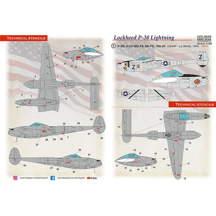 Print Scale 48-260 Decal P-38 Lightning in Bare Metal Part 1 Scale 1:48 for Aircraft Plastic model kit