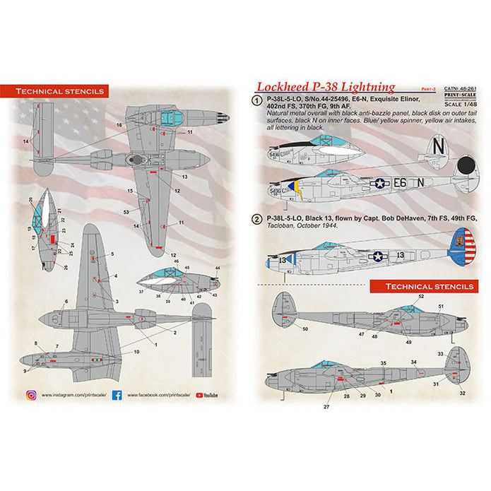 Print Scale 48-261 Decal P-38 Lightning in Bare Metal Part 2 Scale 1:48 for Aircraft Plastic model kit
