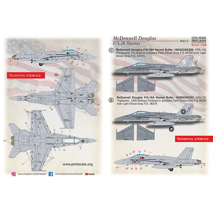 Print Scale 48-262 Decal Mc Donnel Douglas Hornet F/A-18 Part-2 Scale 1:48 for Aircraft Plastic model kit