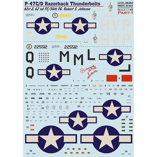 Print Scale 48-263 Decal P-47 C/D Razorback Robert S. Jonson Part 1 Scale 1:48 for Aircraft Plastic model kit