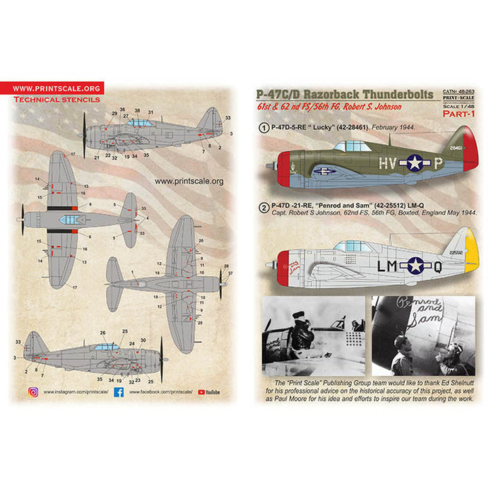 Print Scale 48-263 Decal P-47 C/D Razorback Robert S. Jonson Part 1 Scale 1:48 for Aircraft Plastic model kit