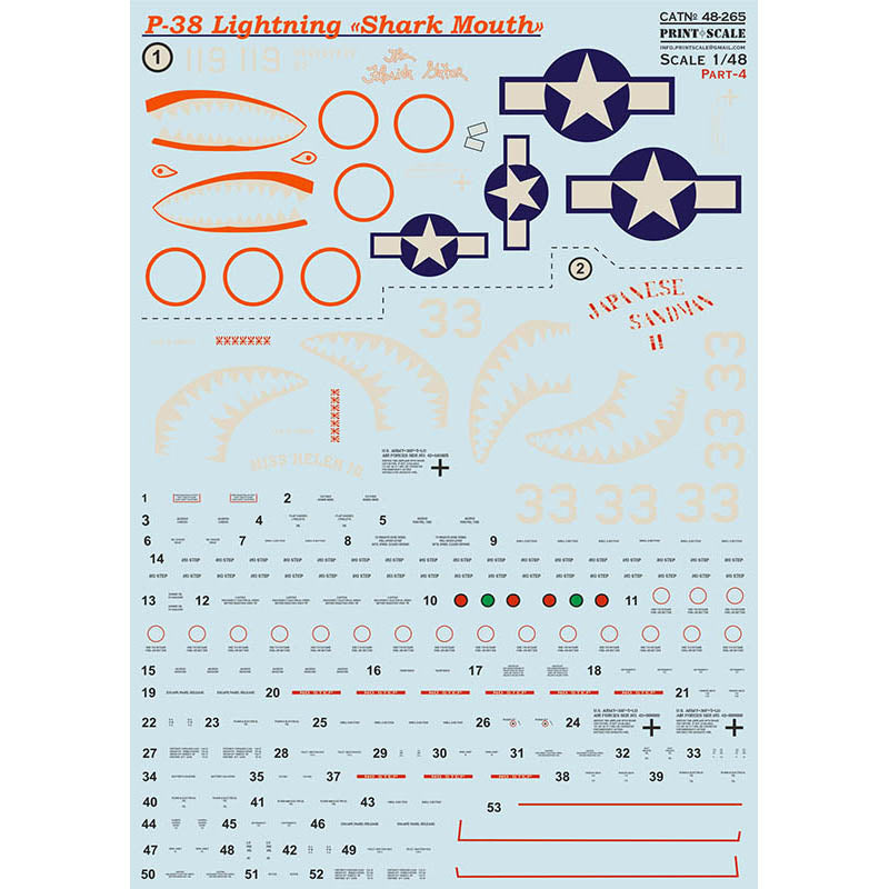 Print Scale 48-265 Decal P-38 Lightning «Shark Mouth» Part 4 Scale 1:48 for Aircraft Plastic model kit
