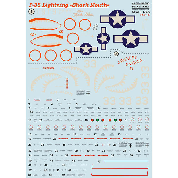 Print Scale 48-265 Decal P-38 Lightning «Shark Mouth» Part 4 Scale 1:48 for Aircraft Plastic model kit