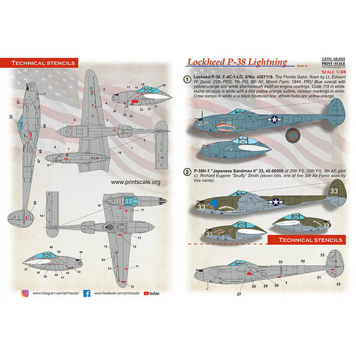 Print Scale 48-265 Decal P-38 Lightning «Shark Mouth» Part 4 Scale 1:48 for Aircraft Plastic model kit