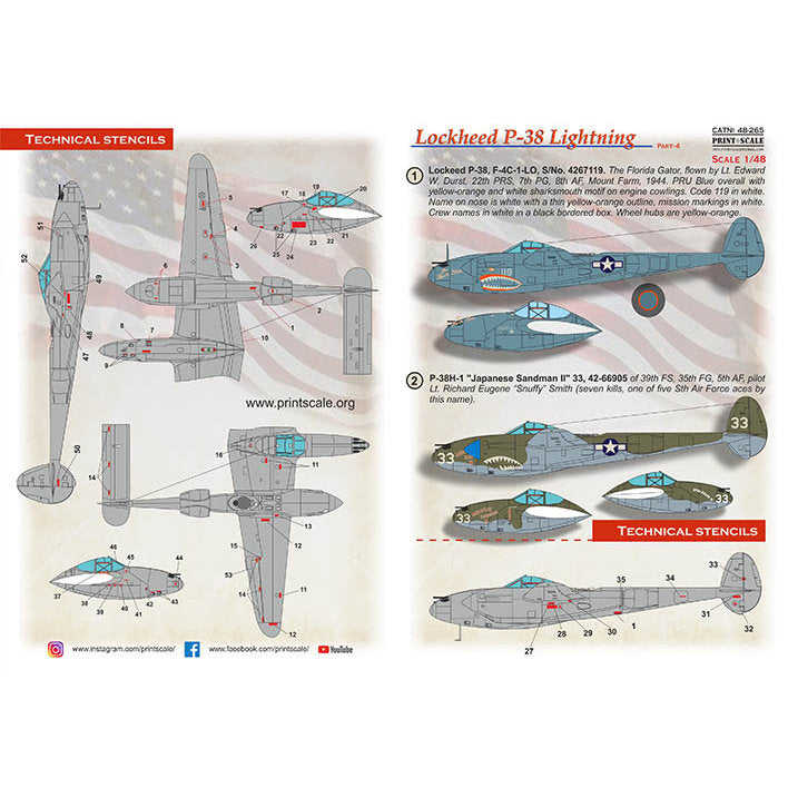 Print Scale 48-265 Decal P-38 Lightning «Shark Mouth» Part 4 Scale 1:48 for Aircraft Plastic model kit