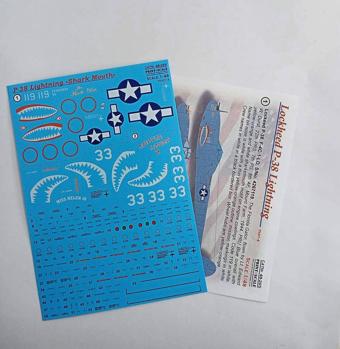 Print Scale 48-265 Decal P-38 Lightning «Shark Mouth» Part 4 Scale 1:48 for Aircraft Plastic model kit