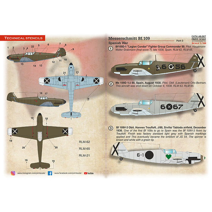 Print Scale 48-267 Decal Messerschmitt Bf-109 B/D Spanish War Part 2  Scale 1:48 for Aircraft Plastic model kit