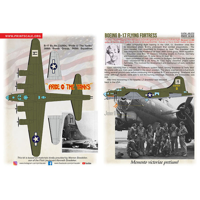 Print Scale 48-272 Decal 1:48 Boeing B-17 Flying Fortress decals "Pride o the Yanks"