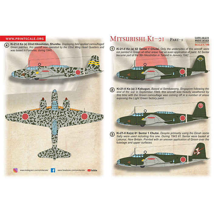 Print Scale 48-274 Decal Mitsubishi Ki-21 Part 2  Scale 1:48 for Aircraft Plastic model kit