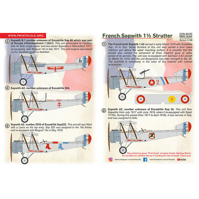 Print Scale 48-275 Decal Sopwith 1 1/2 Strutter decals Part 1  Scale 1:48 for Aircraft Plastic model kit