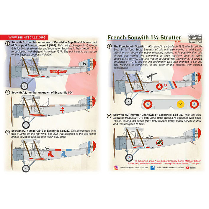 Print Scale 48-275 Decal Sopwith 1 1/2 Strutter decals Part 1  Scale 1:48 for Aircraft Plastic model kit