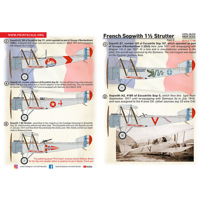 Print Scale 48-276 Decal Sopwith 1 1/2 Strutter decals Part 2
 Scale 1:48 for Aircraft Plastic model kit