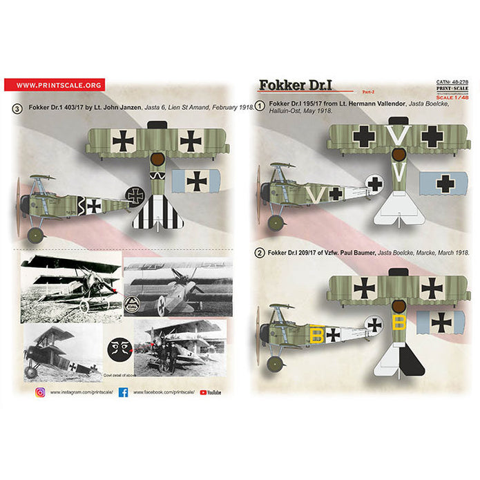 Print Scale 48-278 Decal Fokker Dr I Part 2  Scale 1:48 for Aircraft Plastic model kit