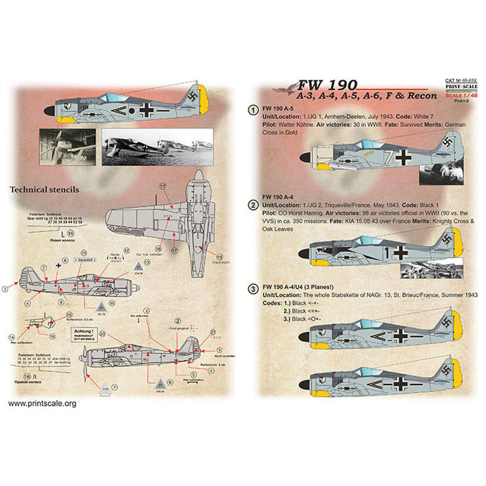 Print Scale 48-282 Decal FW 190 A-3, A-4, A-5, A-6, F & Recon Part 2 Scale 1:48 for Aircraft Plastic model kit