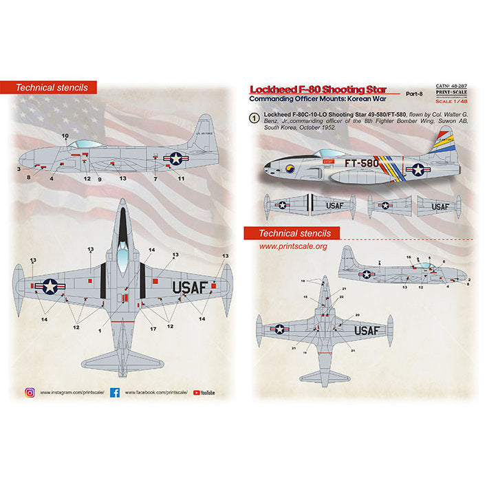 Print Scale 48-287 Decal Lockheed F-80 Shooting Star Part 8 Scale 1:48 for Aircraft Plastic model kit
