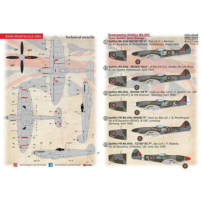 Print Scale 48-288 Decal 1:48 Supermarin Spitfire Mk.XIV Low Backs Part 1 The complete set 1.5 leaf