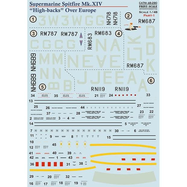 Print Scale 48-290 Decal 1:48 Supermarine Spitfire Mk.XIV High Backs Part 1 The complete set 1.5 leaf