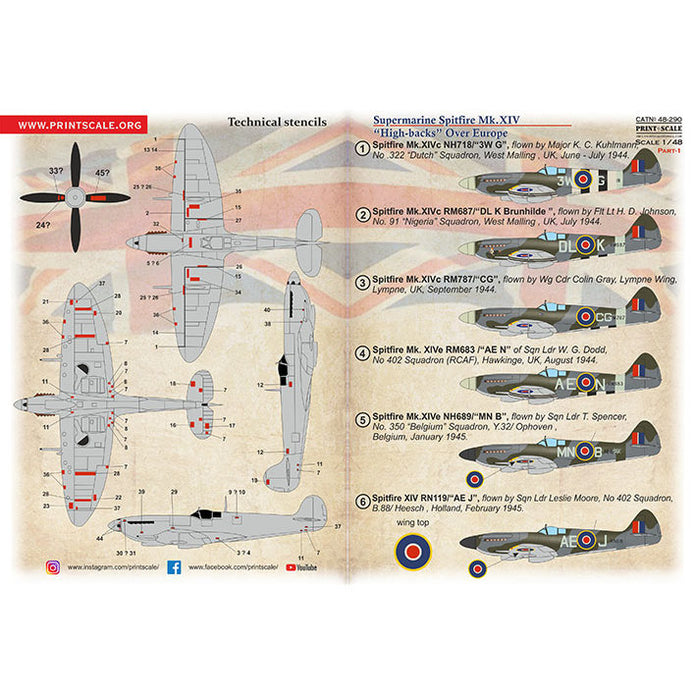 Print Scale 48-290 Decal 1:48 Supermarine Spitfire Mk.XIV High Backs Part 1 The complete set 1.5 leaf