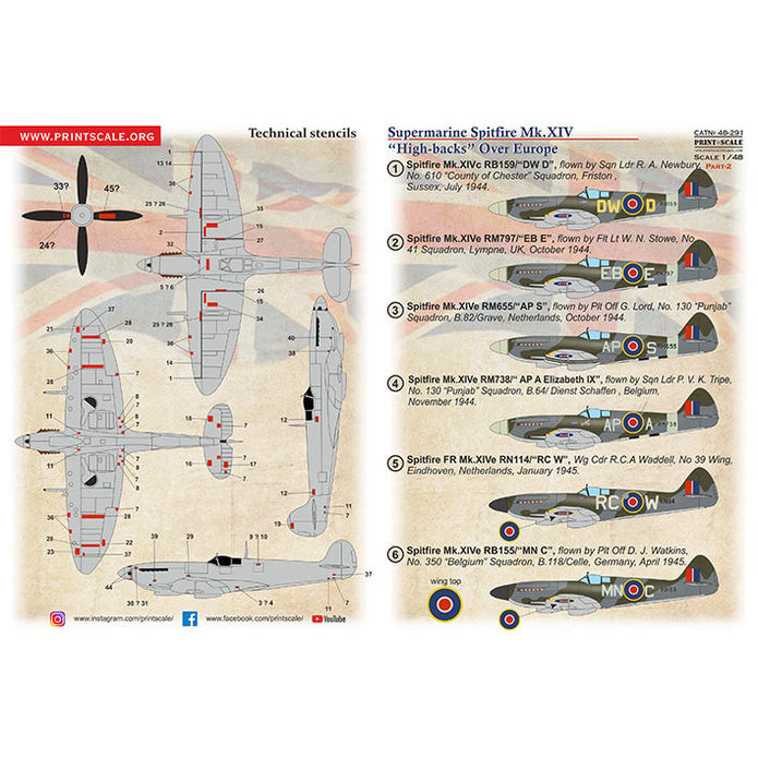 Print Scale 48-291 Decal 1:48 Supermarine Spitfire Mk.XIV High Backs Part 2 The complete set 1.5 leaf