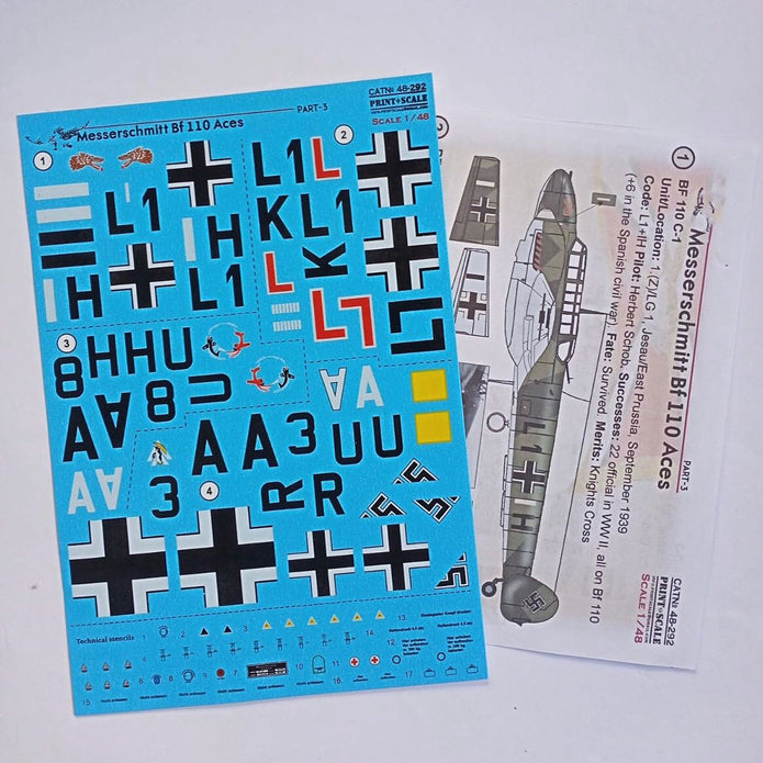 Print Scale 48-292 Decal Messerschmitt Bf-110 Aces Part-3 Scale 1:48 for Aircraft Plastic model kit