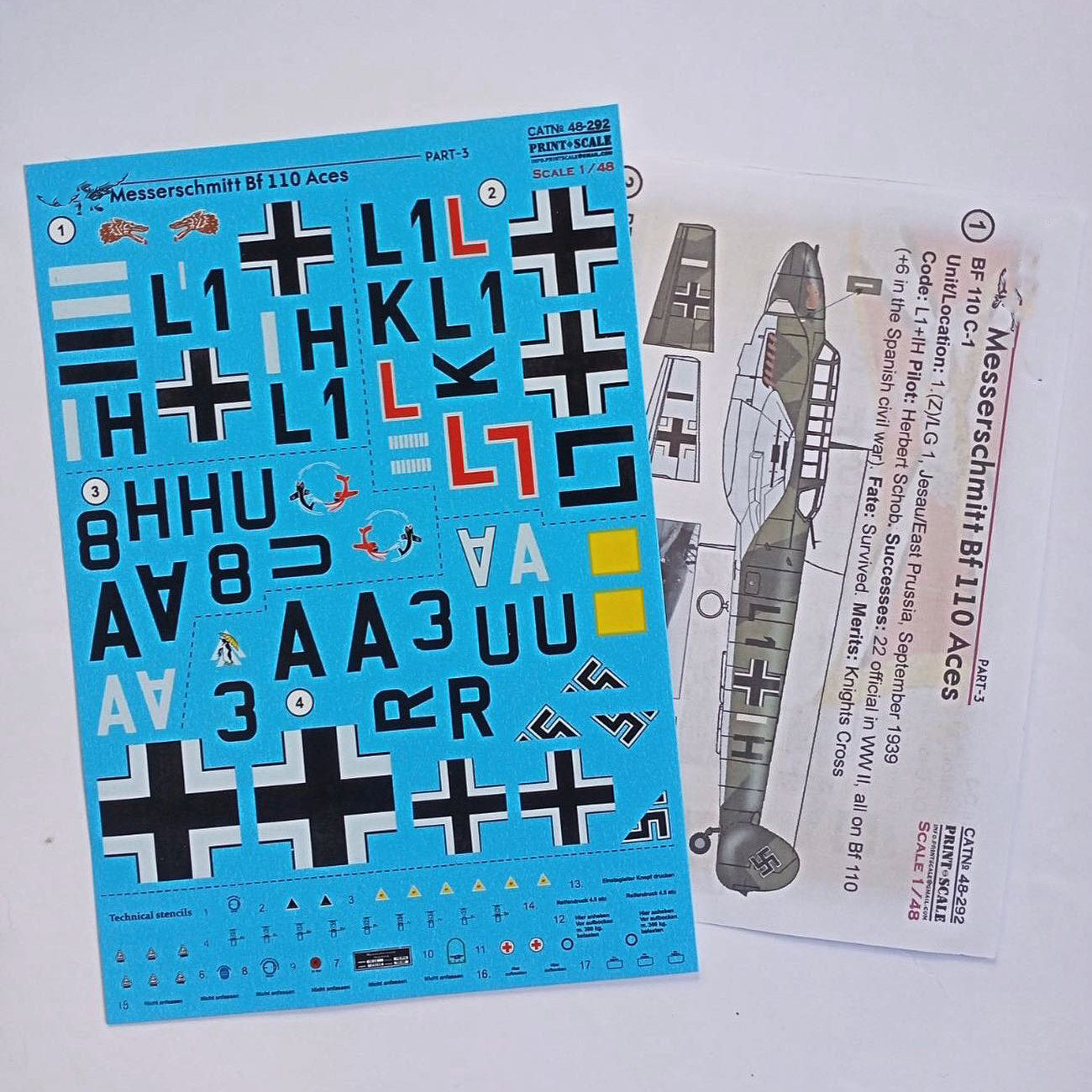 Print Scale 48-292 Decal Messerschmitt Bf-110 Aces Part-3 Scale 1:48 for Aircraft Plastic model kit
