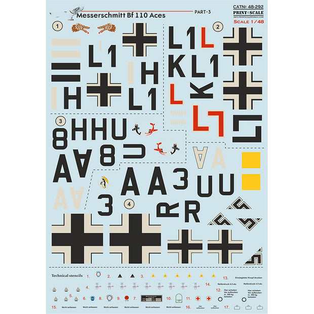 Print Scale 48-292 Decal Messerschmitt Bf-110 Aces Part-3 Scale 1:48 for Aircraft Plastic model kit
