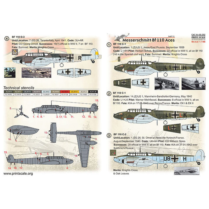 Print Scale 48-292 Decal Messerschmitt Bf-110 Aces Part-3 Scale 1:48 for Aircraft Plastic model kit