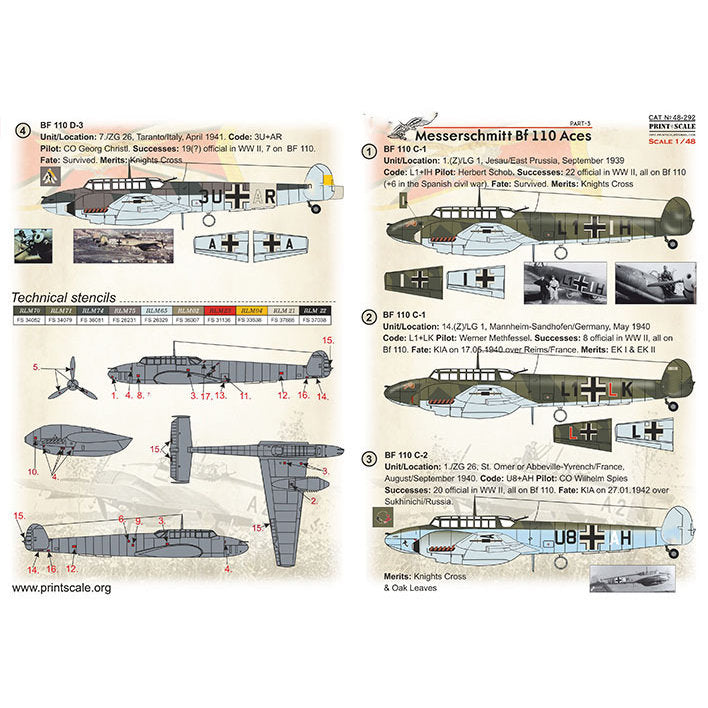 Print Scale 48-292 Decal Messerschmitt Bf-110 Aces Part-3 Scale 1:48 for Aircraft Plastic model kit